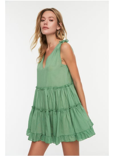 Buy Green Wide Fit Mini Woven Ruffled 100% Cotton Beach Dress TBESS21EL1247 in Egypt