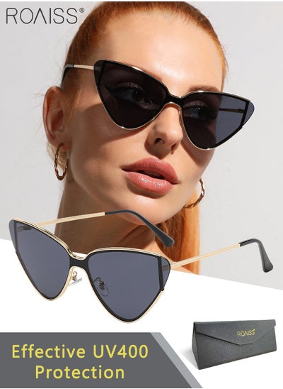 Buy Women's Cat Eye Sunglasses, UV400 Protection Sun Glasses with Metal Frame and Grey Lens, Fashion Anti-glare Sun Shades for Women with Glasses Case, 69mm in Saudi Arabia