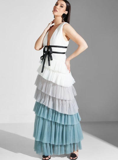Buy Color Block Ruffle Plunge Belted Dress in Saudi Arabia