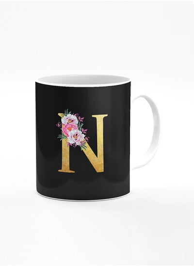 Buy Designer Printed Coffee Mug 11oz Ceramic Personalised Gift Mugs Cup -Custom Monogram Initial Letter Floral Pattern Alphabet - N (Black) in UAE