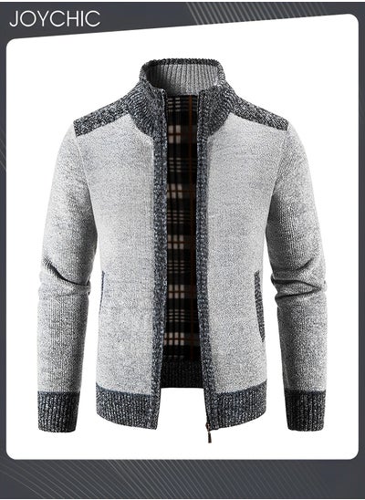 Buy Autumn And Winter Men  Cardigan Coat Warm Sweater Jacket Long Sleeve Block Stand Collar Wool Men Zipper Knitted Thick Coat Light Grey in Saudi Arabia