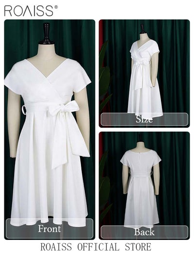 Buy New Arrival Large Size Dress for Women Bow-Knot Pure Color Dress OL Style Party Dress Ladies Short Sleeve V Neck Summer Clothing in Saudi Arabia