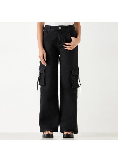 Buy 2Xtremz Solid Wide Leg Cargo Jeans with Pockets in UAE