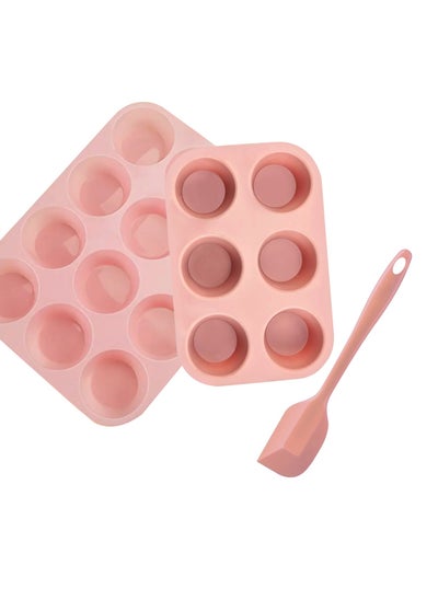 Buy Silicone Muffin Pan Set, 6-Cup and 12-Cup Muffin Cups, 26cm Scraper, 3-Piece Set in UAE