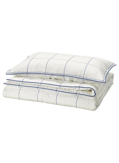 Buy Duvet Cover And Pillowcase White Blue And Check 150X200 And 50X80 Cm in Saudi Arabia