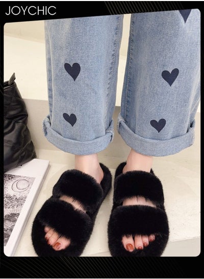 اشتري Stylish Women Faux Fur Open Toe Flat Indoor Slippers Autumn and Winter Warm Household Bedroom Comsoft Slippers Black في الامارات