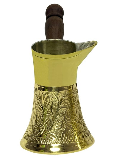 اشتري Majestic Brass Turkish Coffee Pot – Capacity: 280 ml (Large Size), Embossed Design, Golden Color – Handcrafted with Wooden Handle, Perfect for Turkish Coffee, Arabic Coffee, Tea, Milk, and Hot Beverages في الامارات