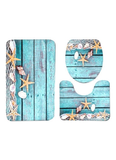 Buy 3-Piece Summer Beach Conch Starfish Printed Bathroom Set Blue/Beige/White in Saudi Arabia