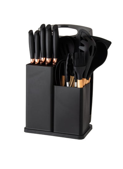 Buy 19-Piece Silicone Kitchen Utensils and Granite Knives Set, Black in Saudi Arabia