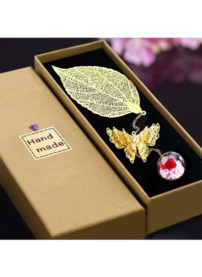 Buy GoldenGift Bookmarks for Women,Handmade 3D Butterfly and Dried Flower Bead Charms,Pendant Metal Leaf Book Markers Appreciation Mother's Day Gifts for Teachers Students Readers Friends Mom Girls-Golden in UAE