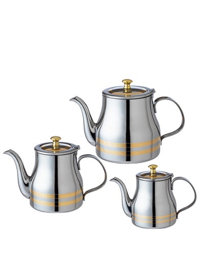 Buy Tea pot set of 3 different sizes, made of stainless steel, with golden decor in Saudi Arabia