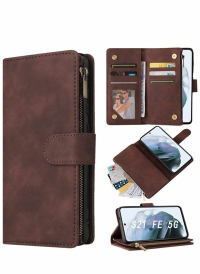 اشتري Case for Samsung S21 FE 5G Wallet with Card Slot Premium Soft PU Leather Zipper Flip Folio Wrist Strap Kickstand Protective Galaxy 6.4 inch Coffee في السعودية