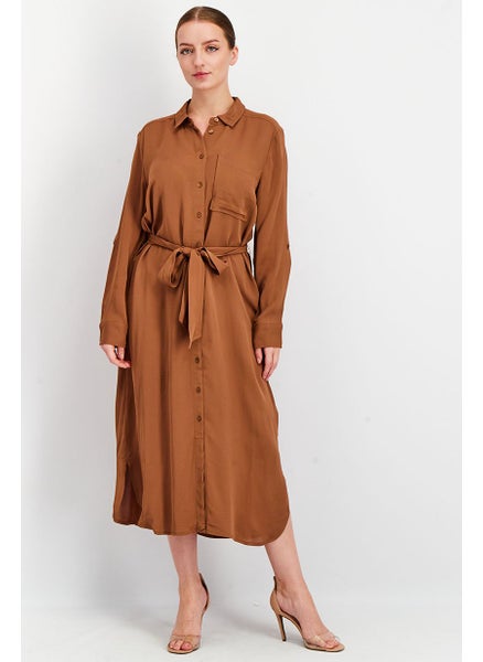 Buy Women Solid Long Sleeve Midi Dress, Brown in UAE