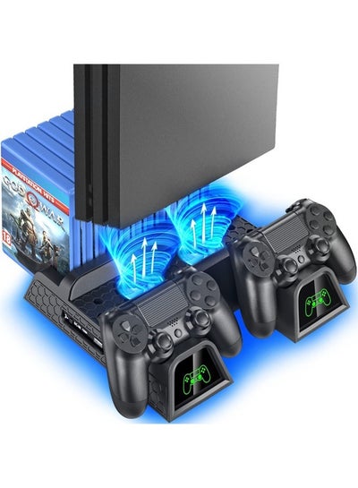اشتري محطة مروحة تبريد منصة PS4 لجهاز Playstation 4 / PS4 Slim / PS4 Pro ، حامل PS4 Pro العمودي مع وحدة تحكم مزدوجة ومنفذ شاحن EXT و 12 فتحة ألعاب في السعودية