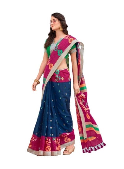 Buy Ikkat Pattu Blue Saree Having Red Contrast Pallu With Royal Tassels And Border Plus Unstitched Blouse in UAE