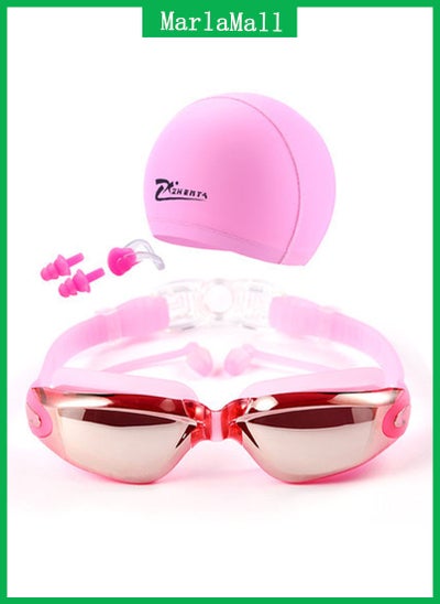 Buy No Leaking Anti Fog UV Protection Safety Glasses , PU Swim Cap for Adults Pink in Saudi Arabia