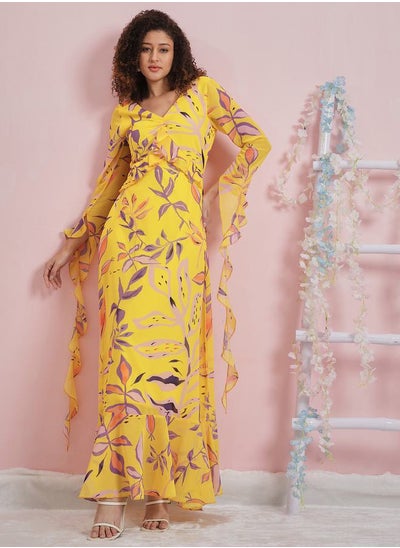 Buy All Over Print V Neck Frill Maxi Dress in Saudi Arabia