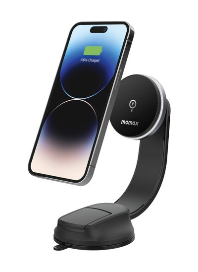 Buy Momax 15W magnetic wireless car charger mount, flexible arm, compatible with iPhone in Saudi Arabia