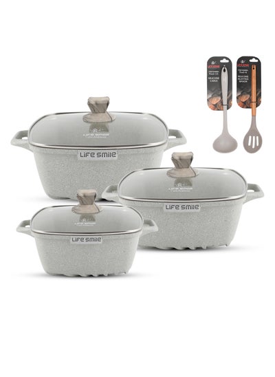 Buy Non Stick Cookware Sets - 8-Piece Square Granite Cookware Set Kitchen Pots and Pans Set Includes 20/24/28cm Stock Pots - Healthy 100% PFOA & PFAS Free GRAY in UAE