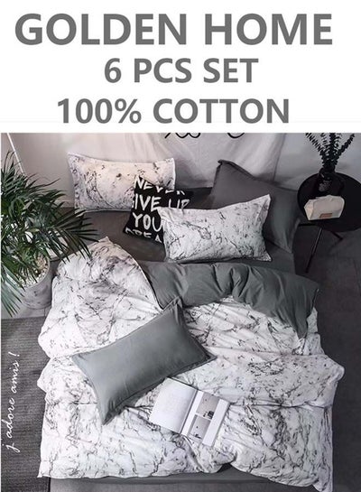 Buy 6-Piece Single Size Cotton Printed Combination Duvet Cover Set Includes 1xFitted Bedsheet 120x200+30cm, 1xDuvet/Bed Cover 160x210 cm, 2xPillowcase 55x80cm, 2xCushion Case 45x70cm Multicolour in UAE