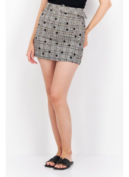 Buy Women Allover Print Belted Mini Skirt, Grey Combo in UAE