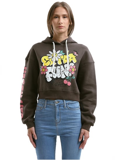 Buy Printed "Extra Fun" Slip On Dark Brown Short Hoodie in Egypt