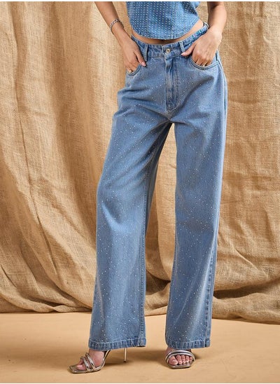 Buy Mid Rise Front Studded Straight Fit Jeans in Saudi Arabia