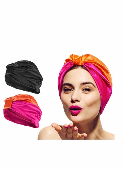 Buy Sleep Cap Turban Hat Non slip Elastic Silk Bonnet, for Woman Girl Curly Long Hair, Satin Sleeping Cap for Hair Women, Oversized Design for All Length Thick Curly Hair (2Pcs) in Saudi Arabia