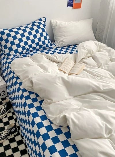 Buy Plain Blue And White Checkered Design Without Filler Single size Bedding Set includes 1 Duvet cover - 160*210cm, 1 Fitted sheet - 100*200+30cm, 2 Pillow cases - 50*75cm in UAE