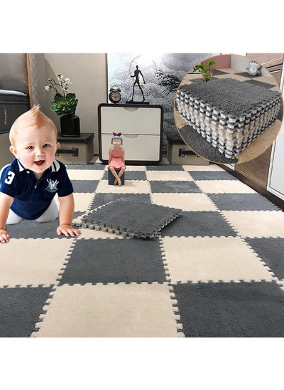 Buy 28 Piece Thickened Plush Foam Interlocking Floor Mat 0.6" Thick Fluffy Square Interlocking Foam Tiles Edgings Soft Anti-slip Puzzle Area Rug Playmat for Room Floor in Saudi Arabia