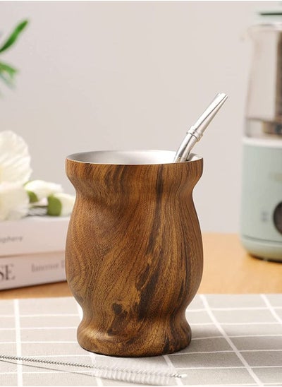 Buy Yerba Mate Tea Cup 230ml Wood Grain Color Stainless Steel Double Walled Easy Wash Household Insulation Gourds for Loose Leaf Drinking with Bombilla Straw in UAE