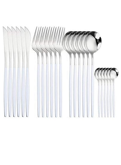 Buy MahMir® 24Piece Stainless Steel Flatware Set Service For 6 Mirror Polished Pink Handle Tableware Cutlery Set Knife Fork And Spoon For Home & Restaurant, Dishwasher Safe Silver White in UAE