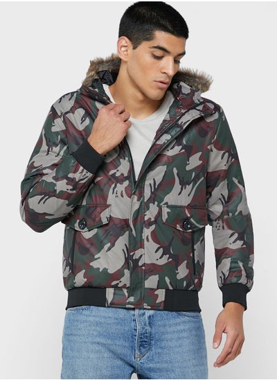 Buy Camo Faux Fur Collar Jacket in Saudi Arabia