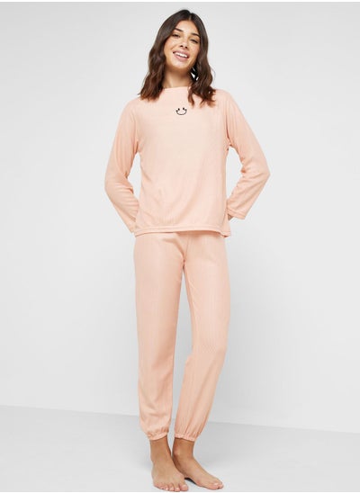 Buy Ribbed Long Sleeves Top & Pyjama Set in UAE