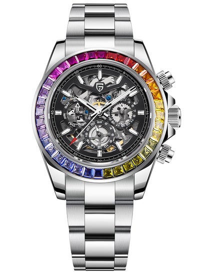 Buy Men's Skeleton Automatic Watches Mechanical Stainless Steel Waterproof Wrist Watch with Sapphire Glass Rainbow Bezel in UAE