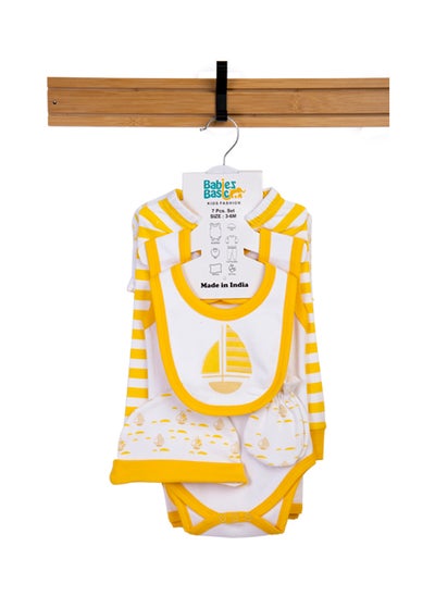 اشتري 7 Piece Unisex 100% Cotton Gift Set Include Bib, Blanket, Mitten, Cap, Romper, Top And Bottom Set, Yellow في الامارات