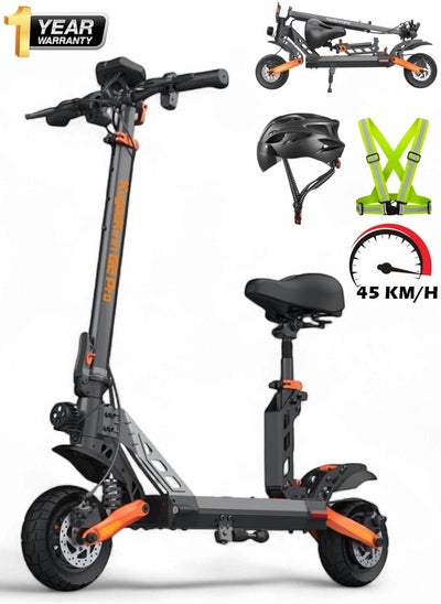 Buy Portable and Foldable Off-Road Electric Scooter with Detachable Seat, 45 km/h Max Speed, 600W Brushless Motor, 15 Ah Battery, 55 Km Range, Dual Disc Brakes and Advanced Suspension in UAE