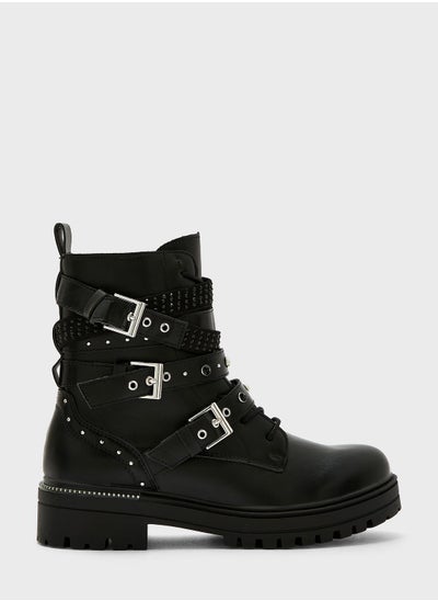 Buy Pu Buckle Triple Strap Chunky Sole Biker Boots in UAE