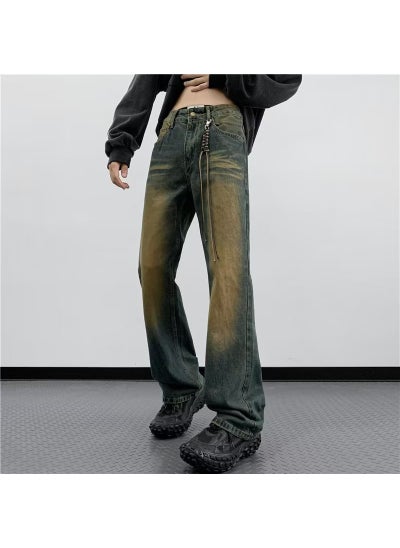 اشتري Mens Trendy Distressed Wide-Leg Jeans Yellow mud color في السعودية