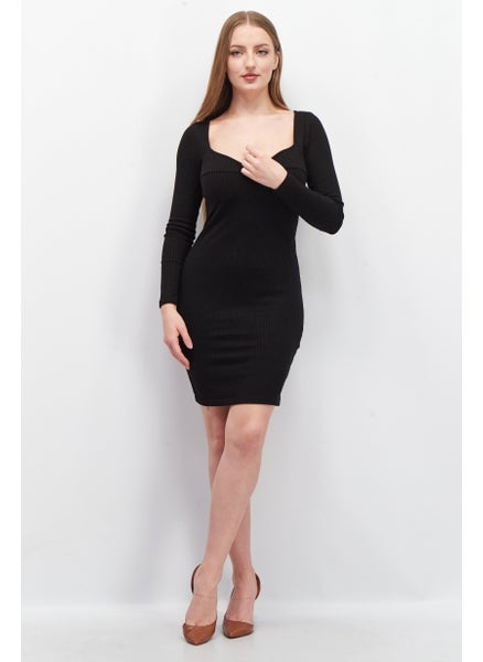 Buy Women Textured Long Sleeve Casual Mini Dress, Black in UAE