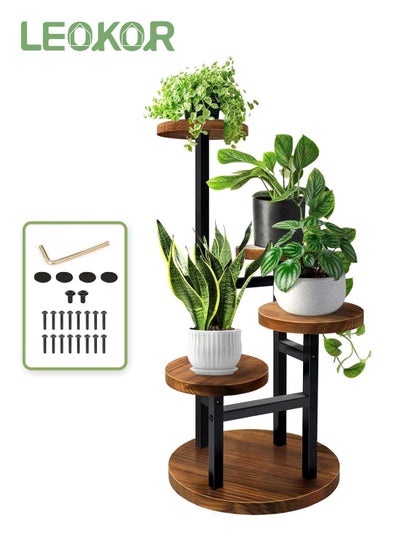 اشتري 4 Tier Plant Stand Indoor, Tall Metal Wood Tiered Plant Shelf Holder for Corner, Outdoor Display Rack Flower Pot Stand for Living Room Balcony Garden Patio في السعودية