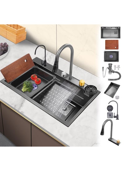 Buy Nano Kitchen Sink 304 Stainless Steel Sink Flying Rain Waterfall Intelligence Sink Home Sink with Vegetable Basin Pull-Out Tap And Cup Washer (75×45cm)(75 CM) in UAE