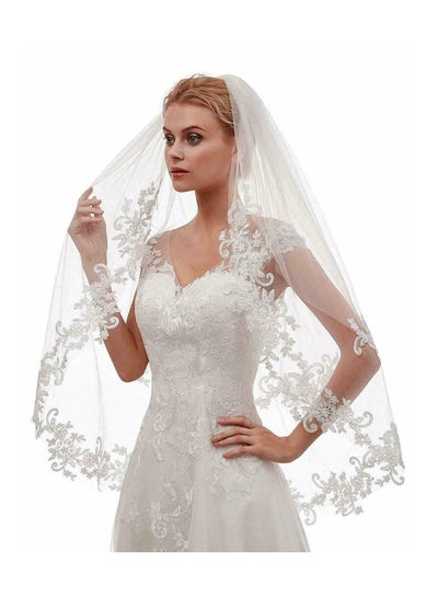 Buy Women's Short Lace Wedding Bridal Veil With Comb 90cm White Ivory Embroidered Applique Veil for Bridal in Saudi Arabia