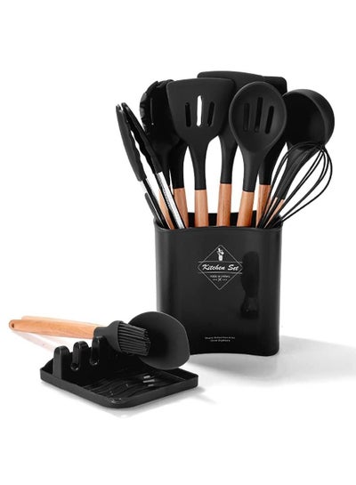 Buy Silicone Cookware Set, Silicone Kitchenware Set 13 Pieces, Wooden Handle Nonstick Cookware Tools, Non-Toxic Heat Resistant Kitchen Tool Set with Storage Bucket and Lid Holder (Black) in UAE