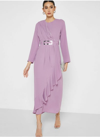 Buy Ruffle Hem Dress With Belt in Saudi Arabia