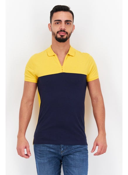 Buy Men Regular Fit Two Tone Shot Sleeves Polo, Yellow/Navy in UAE