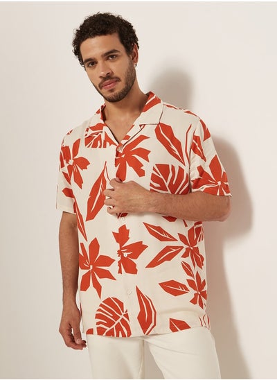 Buy Iconic Floral Print Camp Collar Shirt with Short Sleeves in Saudi Arabia