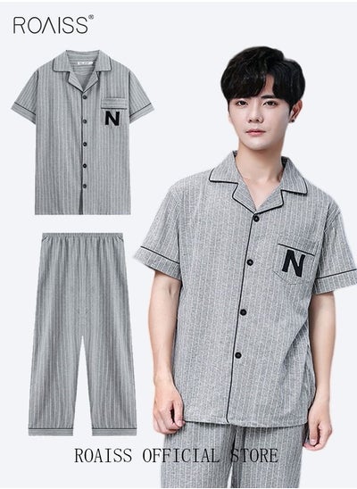 Buy 2-Piece Pajama Set Men's Cotton Short-Sleeved T-Shirt Long Pants Sets Pattern Sleepwear Nightgown Male Loose Spring Summer Thin Loungewear Home Clothes Grey in UAE