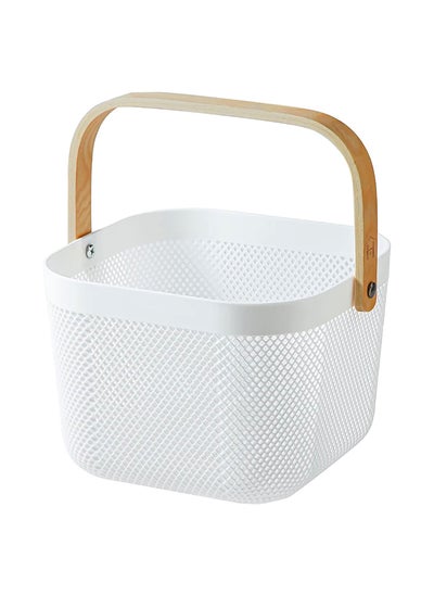 Buy Homepro Plastic Mesh Basket With Bamboo Handle Multi-Functional Kitchen Baskets Storage Organizer Basket For Fruits & Vegetables Versatile And Stylish Mesh Fruit Basket For Organized Living (White) in UAE