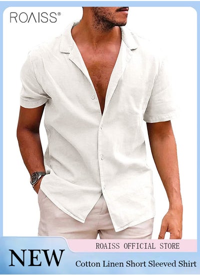 Buy Fashionable Casual Cotton And Linen Shirt Men'S Summer Daily Lapel Solid Color Short Sleeve Button Closure Top in UAE